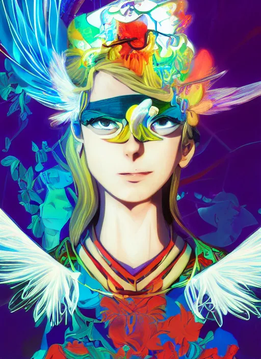 Image similar to portrait of a psychedelic angel, digital painting masterpiece, advanced lighting technology, stylized yet realistic anatomy and face, gorgeous, by reiq and bengus and akiman and shigenori soejima and bastien vives and balak and michael sanlaville and jamie hewlett, 4 k wallpaper, cinematic, gorgeous brush strokes, coherent and smooth