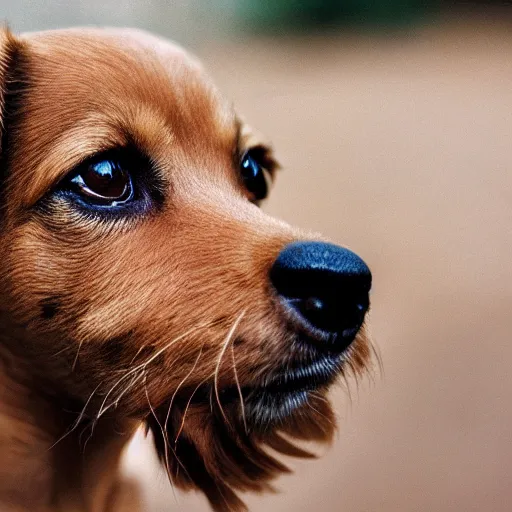 Image similar to closeup portrait of a small light brown dog licking its nose, natural light, sharp, detailed face, magazine, press, photo, Steve McCurry, David Lazar, Canon, Nikon, focus