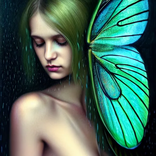 Image similar to girl in rain with wet hair and face, teal luna moth wing, fantasy, intricate, elegant, dramatic lighting, emotionally evoking symbolic metaphor, highly detailed, lifelike, photorealistic, digital painting, artstation, concept art, smooth, sharp focus, illustration, art by John Collier and Albert Aublet and Krenz Cushart and Artem Demura and Alphonse Mucha