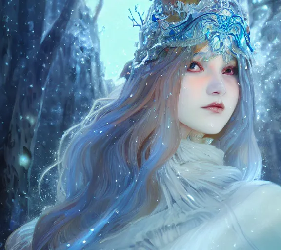 Image similar to beautiful ancient frost witch, fire in eye, snow glow, pool party, highly detailed, digital painting, artstation, sharp focus, illustration, art by tan zi and ayanamikodon and alphonse mucha and wlop