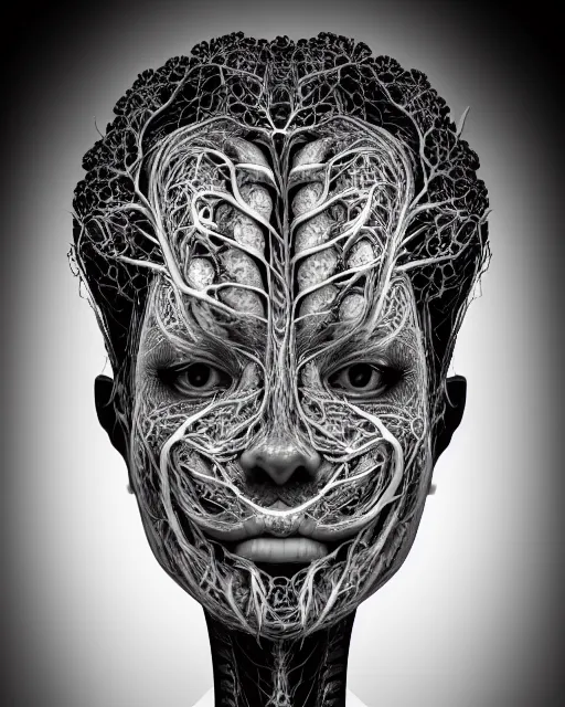 Image similar to a black and white high quality photo of a young beautiful female queen-vegetal-dragon-cyborg bust with a very long neck and Mandelbrot fractal face, Mandelbrot fractal skin, flesh, anatomical, facial muscles, veins, arteries, elegant, highly detailed, flesh highly baroque ornate, hair are wired cables, elegant, high fashion, rim light, octane render, in the style of Cindy Sherman, Realistic, Refined, Digital Art, Highly Detailed, Cinematic Lighting, rim light, black and white, photo-realistic, 8K