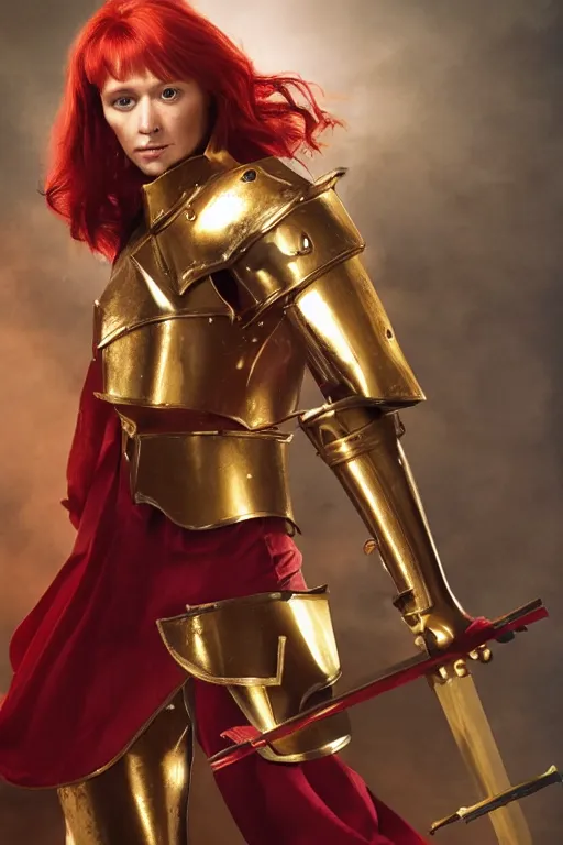 Image similar to a tall, red - haired female knight wearing golden armor and a right golden prosthetic arm, longer than her left arm. she wields a long golden blade