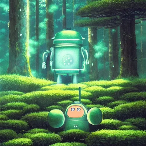 Image similar to a robot covered in moss lying in a forest, shafts of light god rays, painting by hayao miyazaki studio ghibli