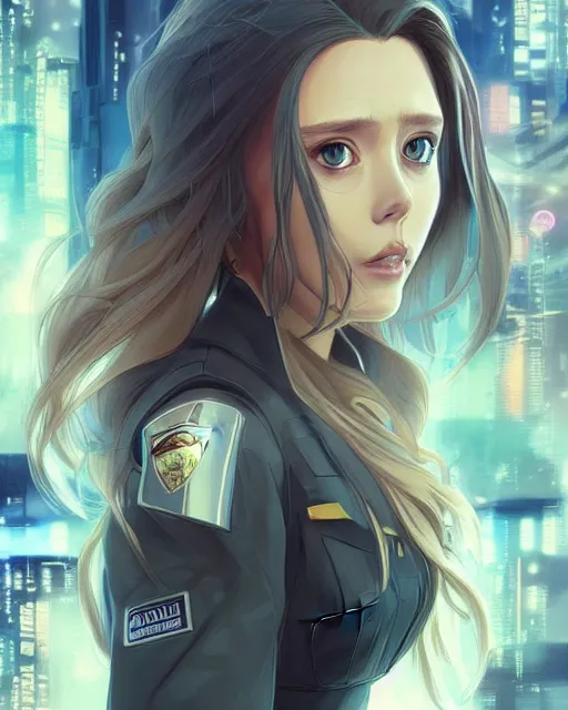 Image similar to anime key visual of elizabeth olsen police officer, cyberpunk, futuristic, perfect eyes, stunning features, perfect face!!, high details, digital painting, artstation, smooth face, soft focus, illustration, art by artgerm and greg rutkowski and alphonse mucha