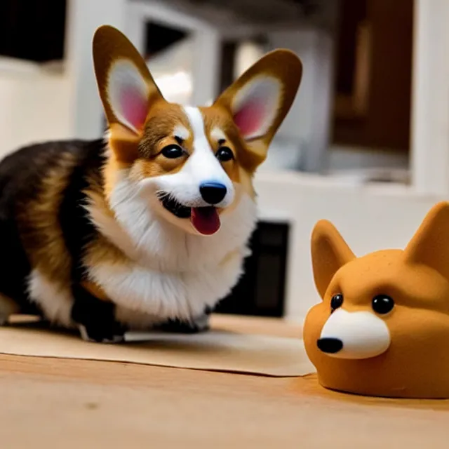 Image similar to a cute corgi lives in a house made of sushi