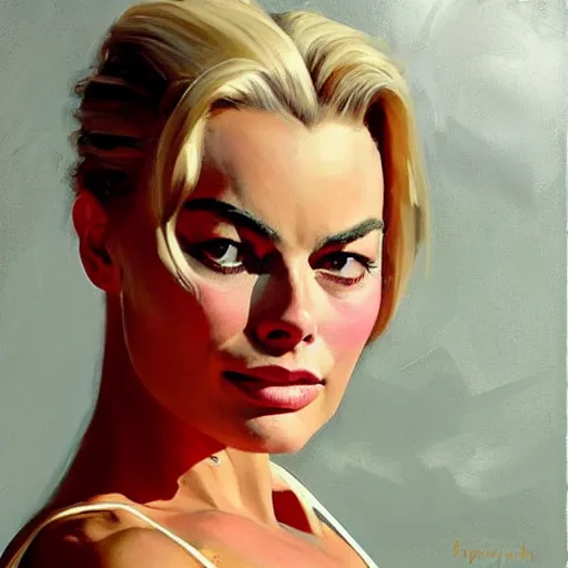 Image similar to greg manchess portrait painting of margot robbie with closed eyes as beautiful thick female bodybuilder zarya from overwatch, medium shot, asymmetrical, profile picture, organic painting, sunny day, matte painting, bold shapes, hard edges, street art, trending on artstation, by huang guangjian and gil elvgren and sachin teng