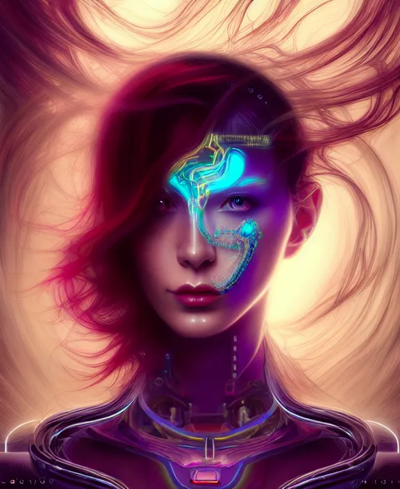 Image similar to a whirlwind of souls rushing inside the metaverse, hologram, half body, neurochip, shaved temple, piercing, jewelry, android, cyborg, cyberpunk face, by loish, d & d, fantasy, intricate, elegant, highly detailed, colorful, digital painting, artstation, concept art, art by artgerm and greg rutkowski and alphonse mucha