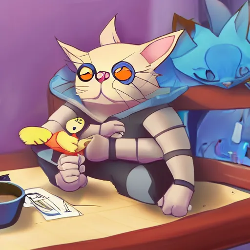 Prompt: yordles hanging out with a cat, TFT