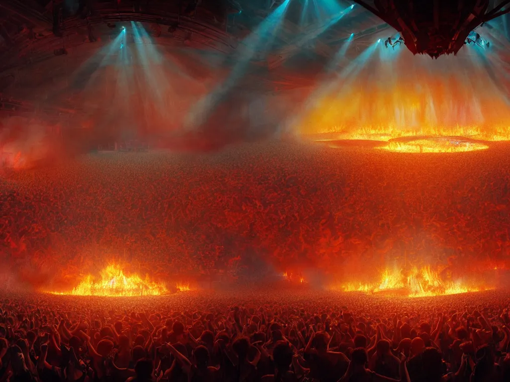 Image similar to 4 k photograph of a concert in hell, brightly lit stage centered and on fire, high contrast, stage lighting, pyrotechnics, ghibli animated film, volumetric lighting, octane render by stanley artgerm lau, greg rutkowski, thomas kindkade, alphonse mucha,