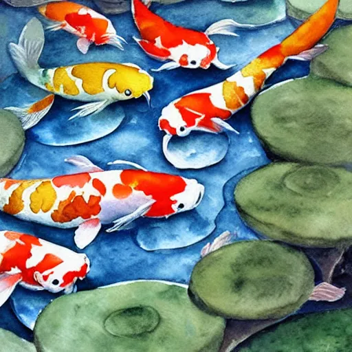 Image similar to watercolor art on paper, beautiful koi fish pond, highly detailed, artstation, masterpiece, award - winning