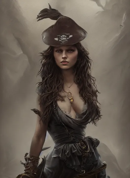 Image similar to detailed full body dark and dull oil painting of a pirate female, beautiful face, elegant pose, fantasy, illustration, insanely detailed and intricate, octane render, 4k