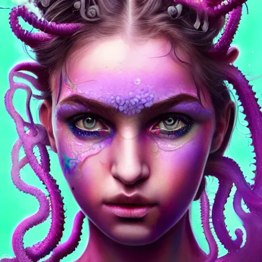 Image similar to detailed art portrait of a furious teen girl with thin, hair-like purple tentacles on her head and bright purple eyes, 8k,by tristan eaton, Stanley Artgermm,Tom Bagshaw,Greg Rutkowski,Carne Griffiths,trending on DeviantArt, face enhance,hyper detailed ,full of colour,