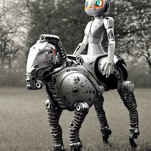 Image similar to a robot girl riding a mechanical horse