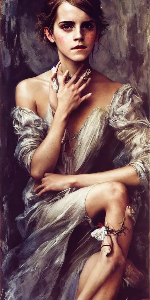 Image similar to emma watson detailed portrait hands painting by gaston bussiere craig mullins j. c. leyendecker photograph by richard avedon peter lindbergh annie leibovitz