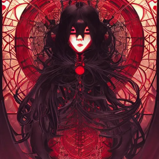 Image similar to japanese spider goddess, d & d, black and red color palette, highly detailed, digital painting, artstation, concept art, sharp focus, illustration, cinematic lighting, art by artgerm and greg rutkowski and alphonse mucha