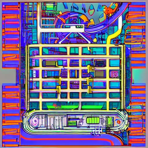 Prompt: cross-section of a complex zorkmid factory, detailed and colorful digital art in the wimmelbilder style