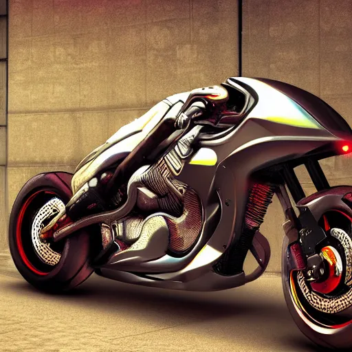 Image similar to cyberpunk motorcycle, realistic style, high detail, chrome, neon