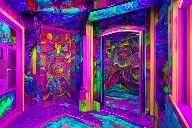 Image similar to lisa frank elevator in hell, hyperdetailed octane render scene from a tv show 55mm