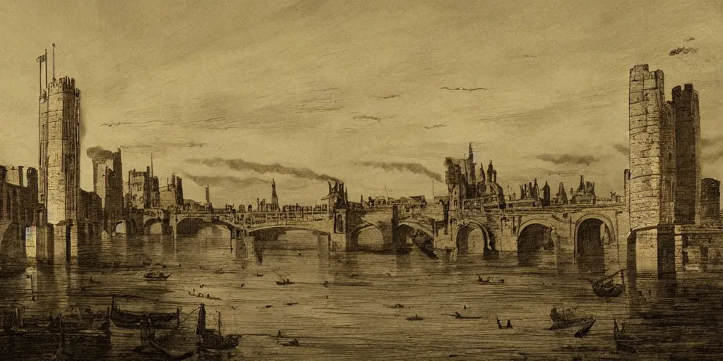 Image similar to illustration, ancient London, city buildings on top of tall bridge structure, over the ocean, tall arches, fading off to the horizon, steam punk