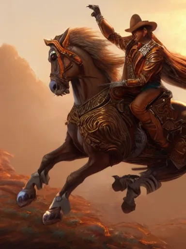 Prompt: a handsome man, riding a prancing a horse. intricate, elegant, highly detailed, digital painting, artstation, concept art, sharp focus, illustration, by justin gerard and artgerm, 8 k