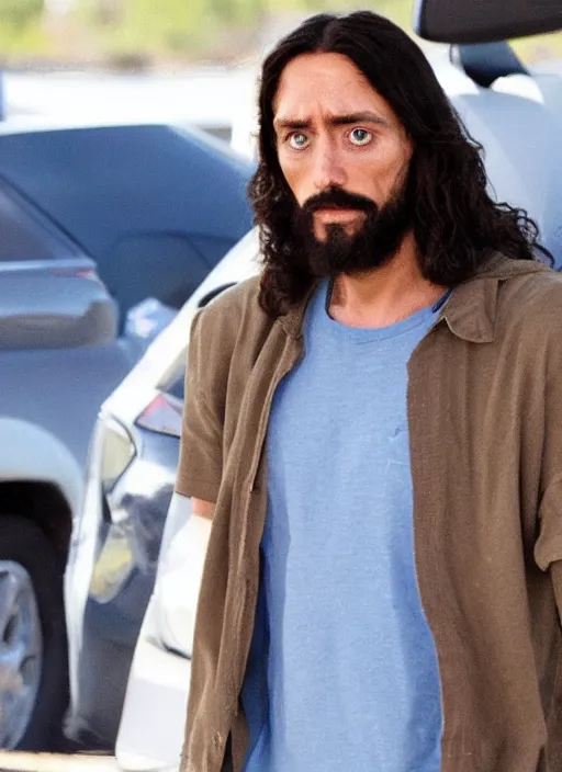 Prompt: jesus looking exhausted while leaving his midday shift at walmart