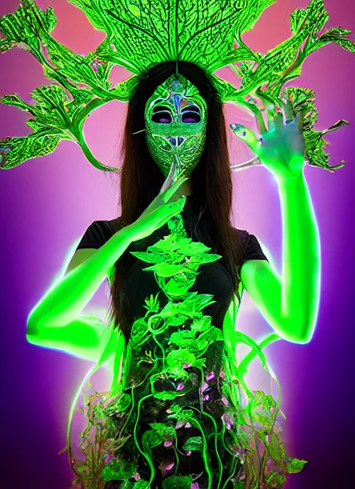 Prompt: 3 d goddess medium half - turn shot portrait with hyperdimensional mycorrhizal implants. beautiful intricately detailed avante garde leaf - vein mask and synthwave sorceress outfit. glowing bio luminescent, water, pulse projections, plasm creature, artwork by tooth wu and wlop and android jones and beetle and greg rutkowsk