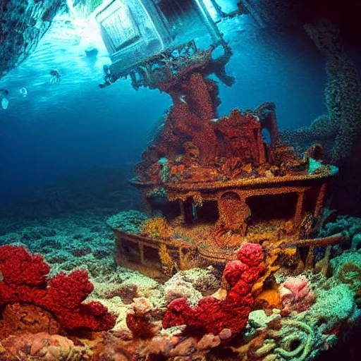 Prompt: treasure hidden under the coral in the ocean shipwreck, beautiful composition, wide angle, colorful, cinematic, volumetric lighting, intricate details painting