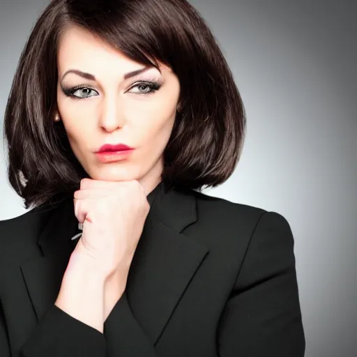 Image similar to brunette woman, black business suit, green eyes, short hair with flipped out hairstyle