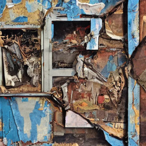 Prompt: high contrast, messy gouache impasto collage, faded blue wrecked peeling wall, ruffled mess torn-down construction panels, dark creases, cubby, HDR gritty by Norman Rockwell