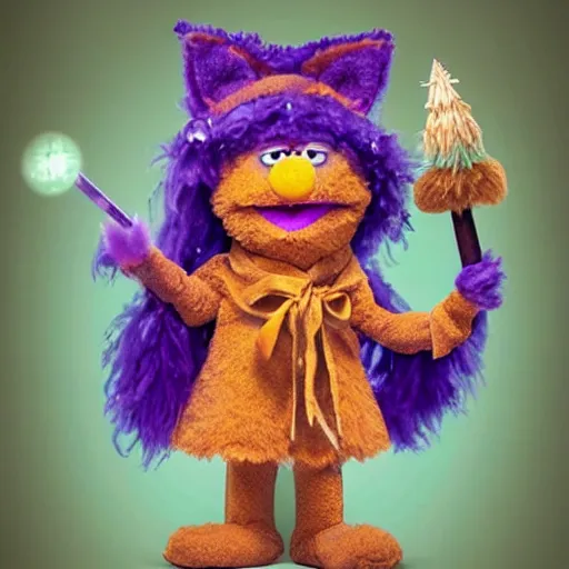 Image similar to a fox druid wizard as a fluffy muppet plush wearing a vaporwave nostalgic cloak and holding a staff made from a stick with an amethyst gemstone tied at the top with dnd dice scattered around it, photorealistic, photography, national geographic, sesame street