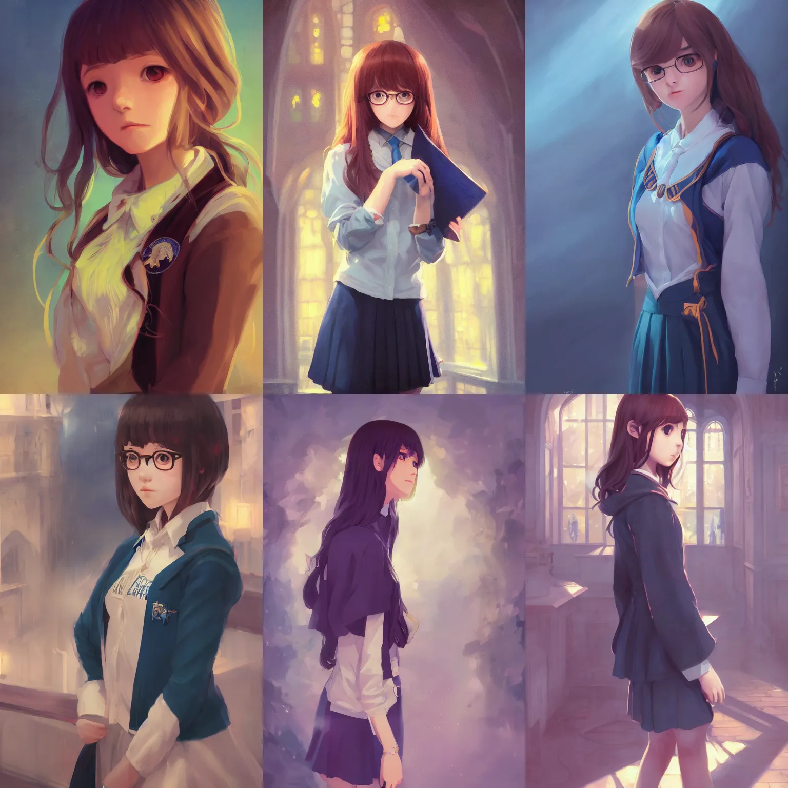 Prompt: a portrait of a cute young female ravenclaw student, hogwarts setting, vivid colors, soft lighting, atmospheric, cinematic, moody, in the style of ilya kuvshinov and range murata, krenz cushart, rule of thirds, oil on canvas, 8 k