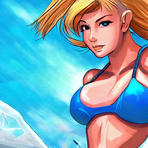Image similar to Samus Aran from Metroid in a light-blue bikini sunbathing on the beach, digital art