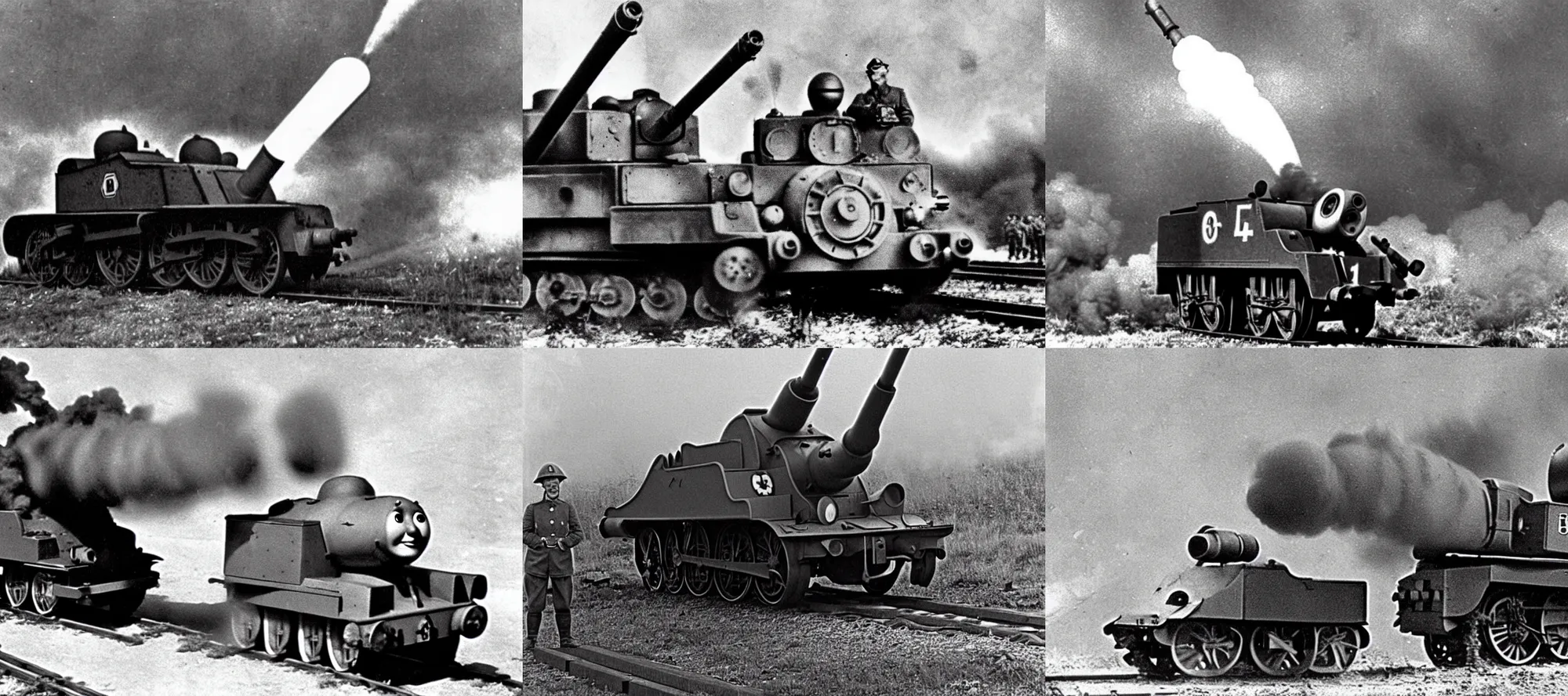 Prompt: WW2 era photograph, the face of Thomas the tank engine attached to a 800mm German super-heavy-mortar with a huge gun barrel firing a shot upwards, there are german soldiers running around, grainy, high detail