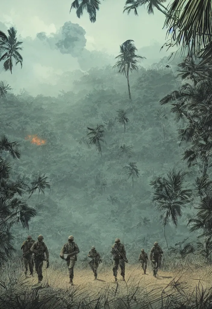 Image similar to handmade illustration of an epic Vietnam war scene with a few american soldiers walking, the jungle at the background, some smoke and fire, blue sky with dramatic clouds, line art, ink, watercolor by Kilian Eng and by Jake Parker, heavy brushstrokes, winning-award masterpiece, fantastic, octane render, 8K HD Resolution, High quality image