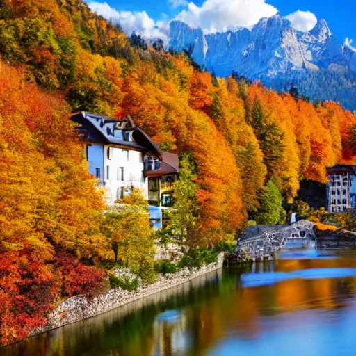 Image similar to Beautiful alpine city, located between a river and the mountains, during autumn, photorealistic, 8k,