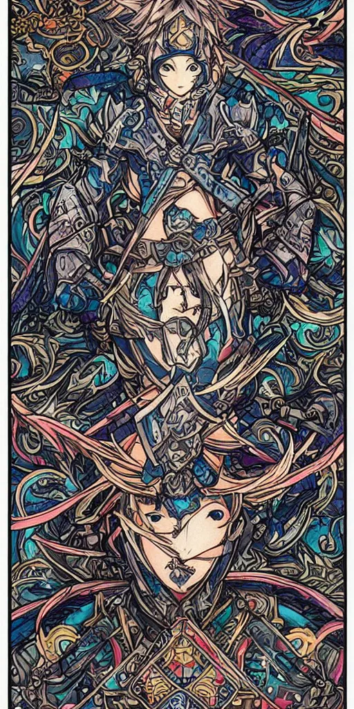 Prompt: a ninja from final fantasy 14, intricate, amazing line work, cosmic, psychedelic, cheerful, colorful, tarot cards,