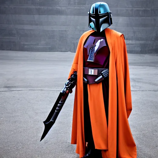 Image similar to a robed jedi with a mandalorian mask