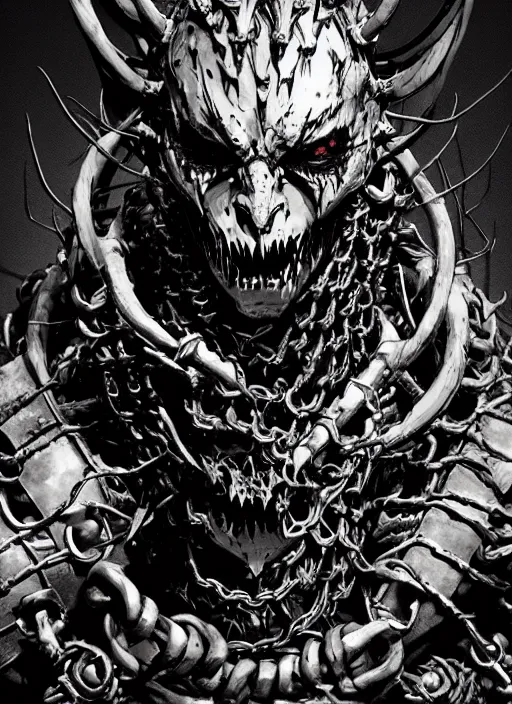 Image similar to scary demon man with twisted face, horns, armour made of chains. in style of yoji shinkawa and hyung - tae kim, trending on artstation, dark fantasy, great composition, concept art, highly detailed, dynamic pose.