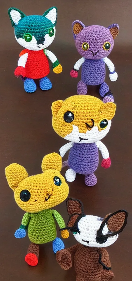 Prompt: multicolored crocheted cyborg cats