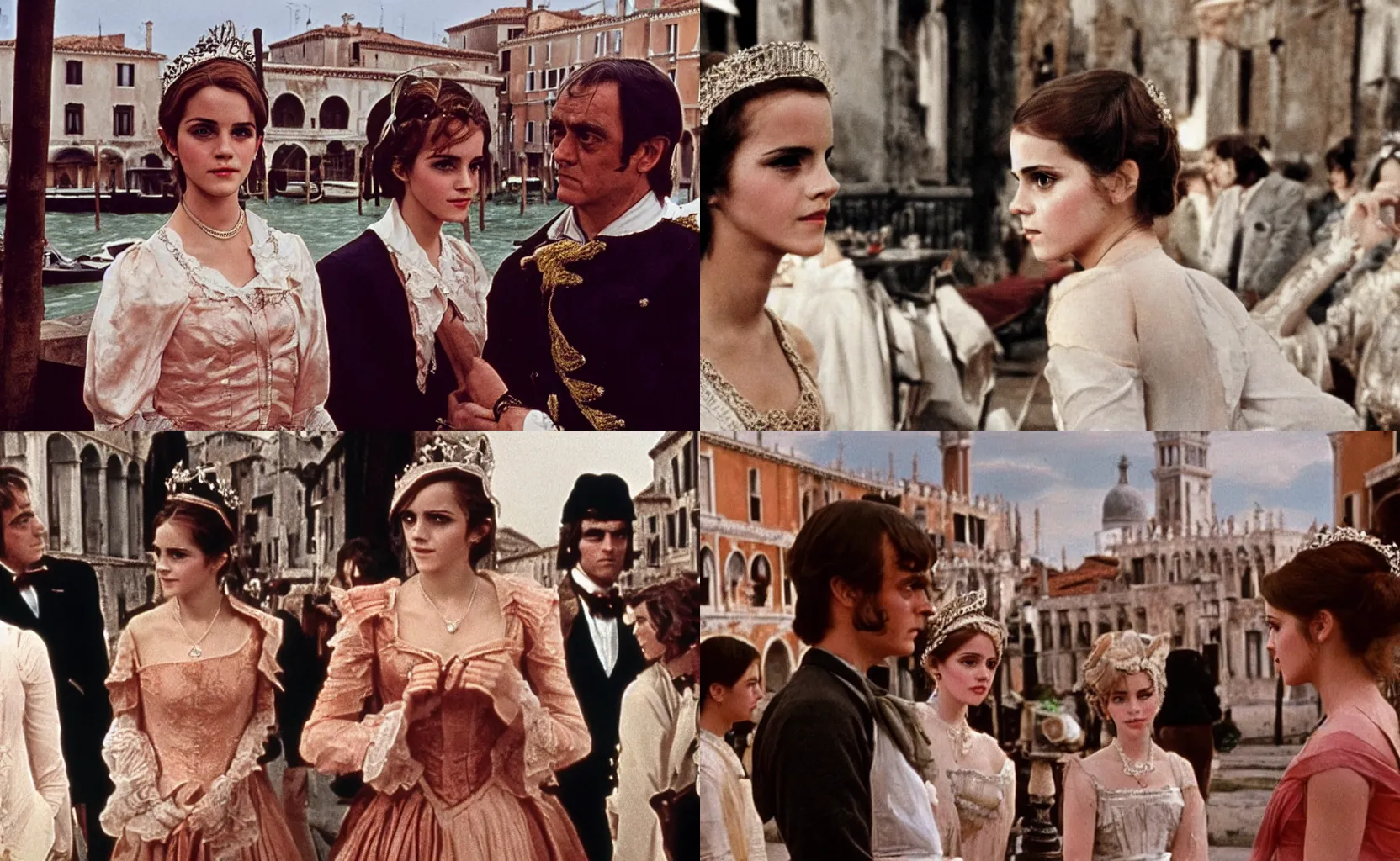 Prompt: scene of pulciana ( 1 9 7 6 ) a film of luchino visconti with a close up emma watson as a duchess. venice and a cafe in the background. technicolor, flamboyant.