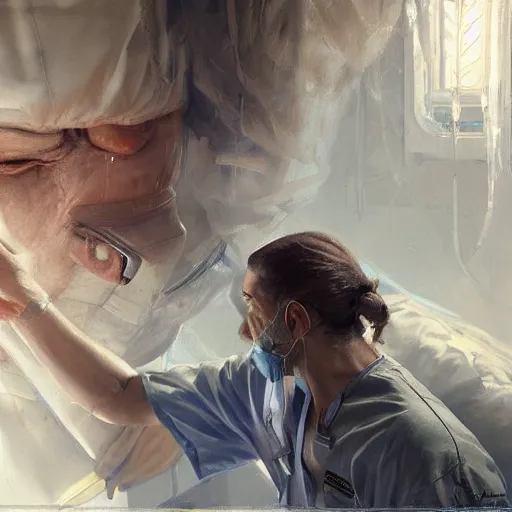 Image similar to A surgeon desperately trying to save his patient, oil painting by Cedric Peyravernay, highly detailed, cinematic concept art, dramatic lighting