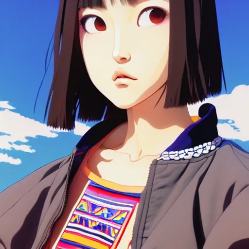 Image similar to a beautiful japanese natalie portman gravure model, wearing oversized native designer bomber jacket and leotard, bulky poofy bomber jacket with mesoamerican patterns, mesoamerican native street fashion, gapmoe yandere grimdark, trending on pixiv fanbox, painted by greg rutkowski makoto shinkai takashi takeuchi studio ghibli, akihiko yoshida