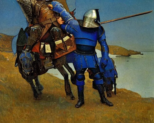 Image similar to knight in blue armour by n. c. wyeth, high detail,