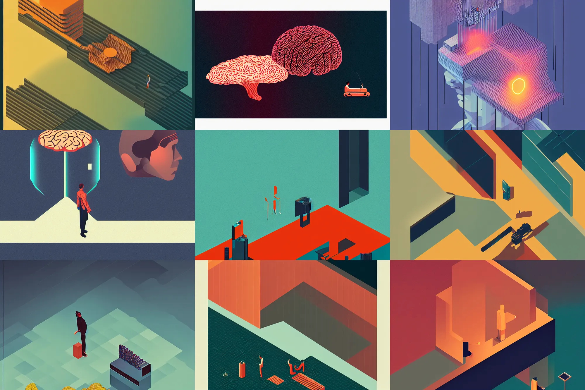 Prompt: ( ( dither ) ), editorial illustration the human brain vs the machine brain, isometric, modern art deco, ( ( mads berg ) ), christopher balaskas, victo ngai, fine grain, cinematic, dynamic composition, wide angle, matte print, fog