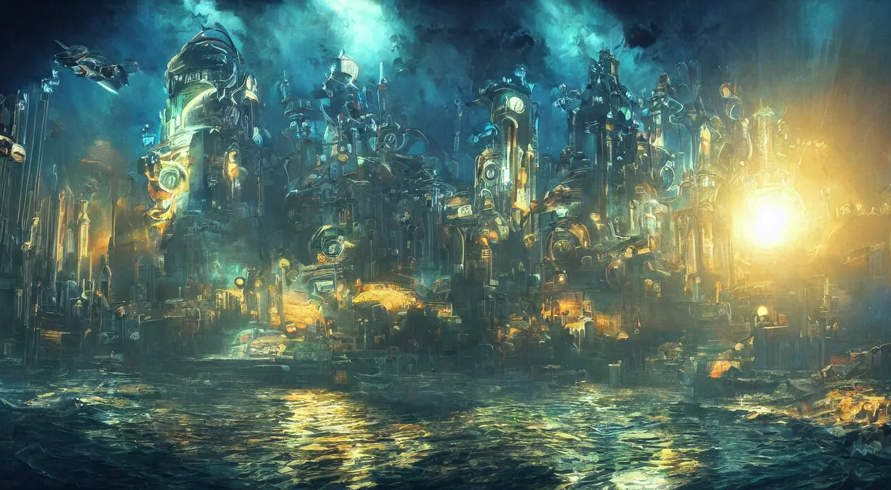 Prompt: A beautiful painting of a futuristic city at the bottom of the sea, with the sun shining down on the surface, BioShock, 80s sci-fi, Retro Futurism Art