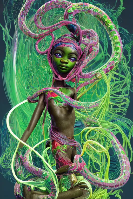 Image similar to epic 3 d osumare, trans african deity, liquid hands and feet spinning, 2 0 mm, with green and pink vines melting smoothly into asymmetrical snakes and rainbows, liquid, delicate, intricate, houdini sidefx, trending on artstation, by jeremy mann and ilya kuvshinov, jamie hewlett and ayami kojima