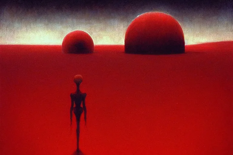 Image similar to only with red, a red god of death eat apple, a futuristic city on mars in background, floor are worms, in the style of beksinski, part by hopper, part by rodcenko, part by hofbauer, intricate composition, red by caravaggio, insanely quality, highly detailed, masterpiece, red light, artstation