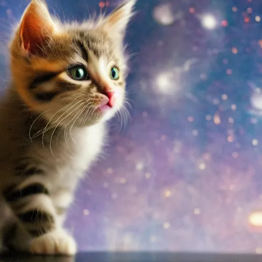 Prompt: A kitten staring at a fish bowl full of galaxies.