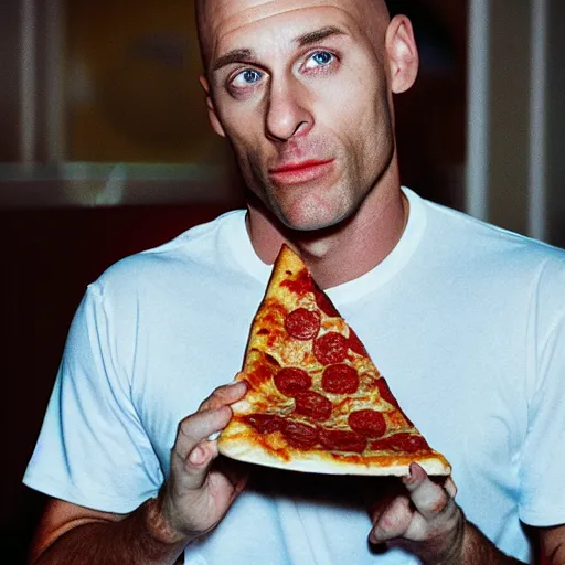 Image similar to johnny sins eating pizza, realistic photo, detailed face, cinestill