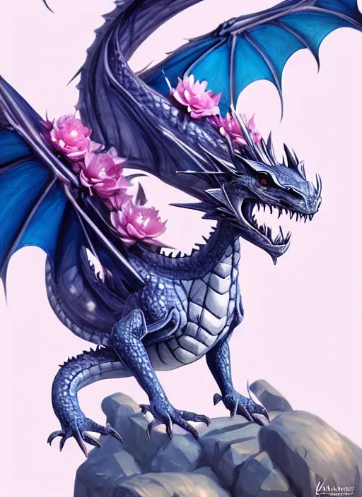 Image similar to cute dragon cute dragon, black, white, blue, pink and gold color scheme, flowers, cool, highly detailed, artgerm, cushart krenz, artstation, soft light, sharp focus, illustration, character design, concept art